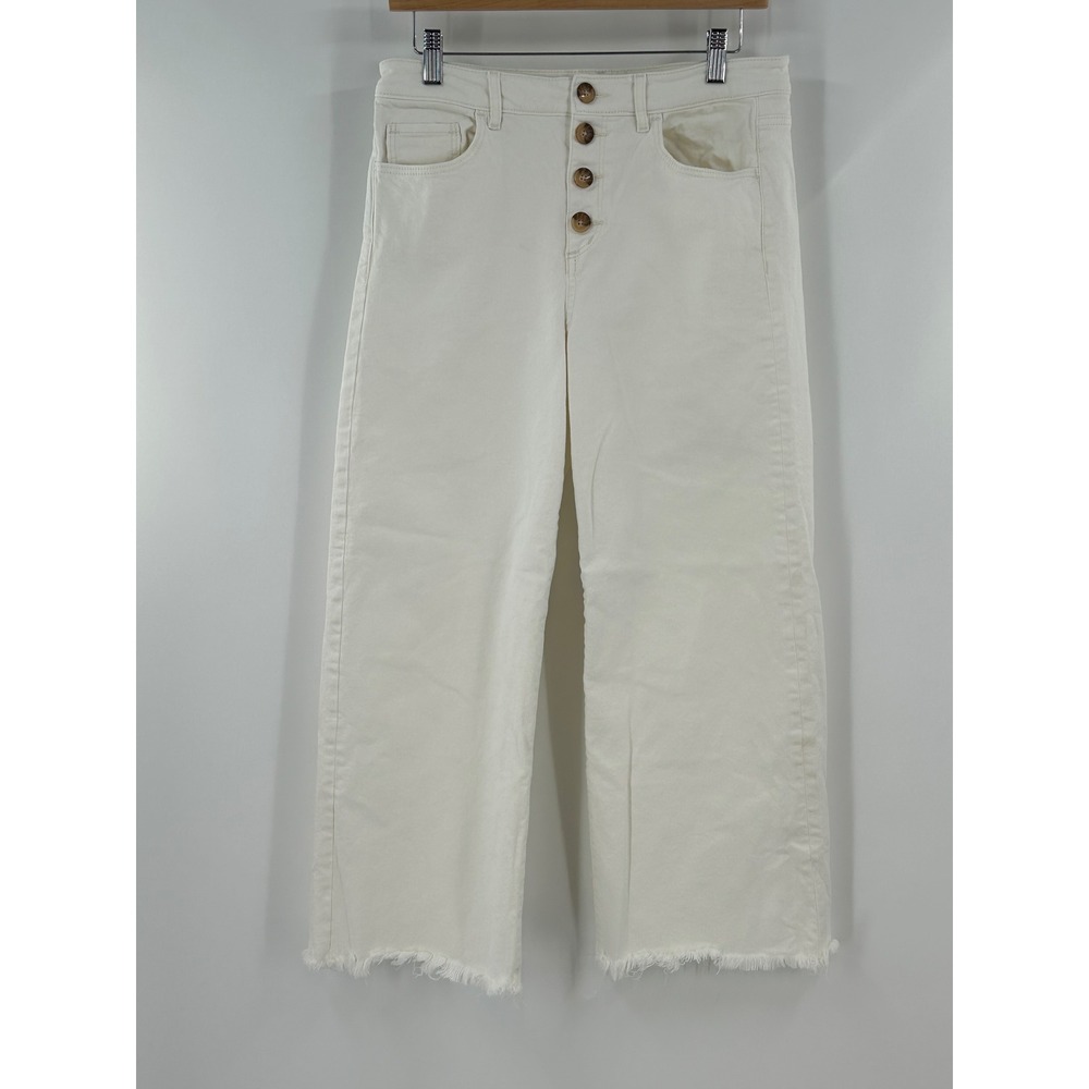 LOFT Made and Loved‎ Off White Wide Leg Button Fly Raw Hem Jeans Womens 10/30